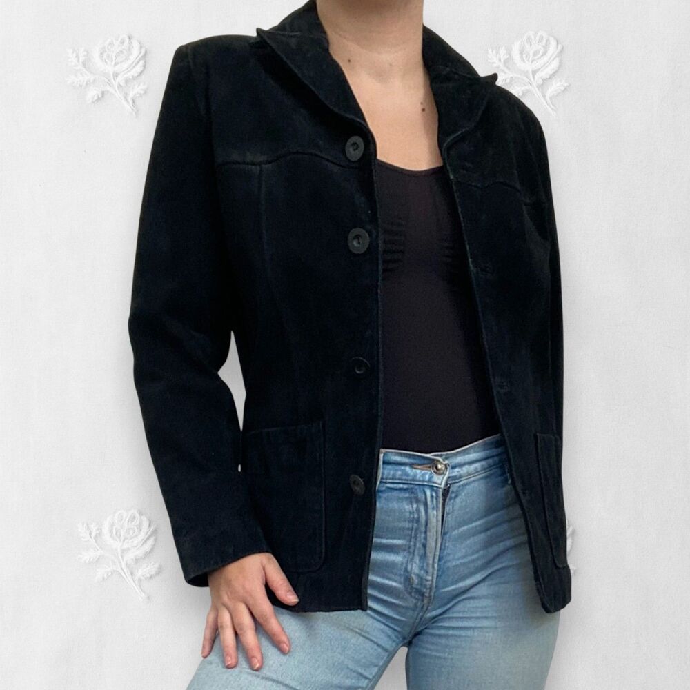 NY & Co Vintage Black Suede Tailored Button Up Elegant Boho Leather Jacket S